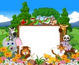 animal cartoon collection with blank board and tropical forest background