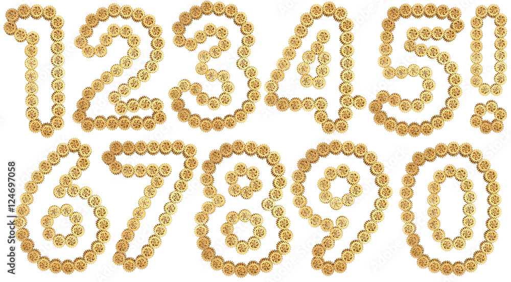 Number from gold gear mechanism. Isolated on white. 3D illustration Number from gold gear mechanism. Isolated on white. 3D illustration