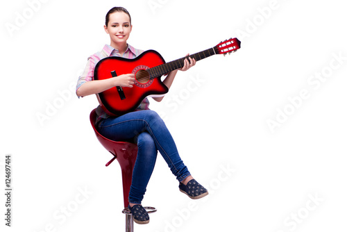 Young woman with guitar isolated on white