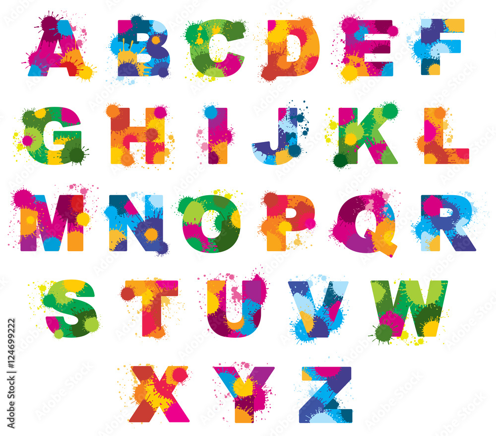 Letters alphabet painted by color splashes vector font