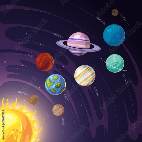 Vector solar system with Mercury, Venus, Earth, Mars, Jupiter, Saturn, Uranus, Neptune planets
