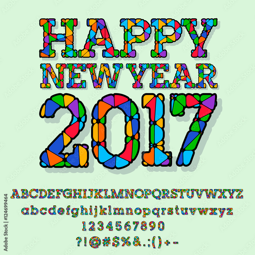 Fototapeta premium Vector patched bright Happy New Year 2017 greeting card with set of letters, symbols and numbers