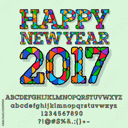Vector patched bright Happy New Year 2017 greeting card with set of letters  symbols and numbers