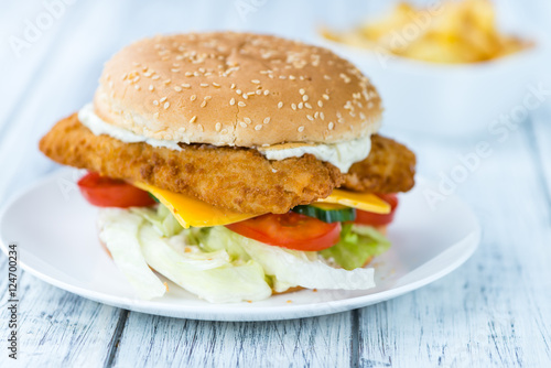 Fish Burger on wooden background