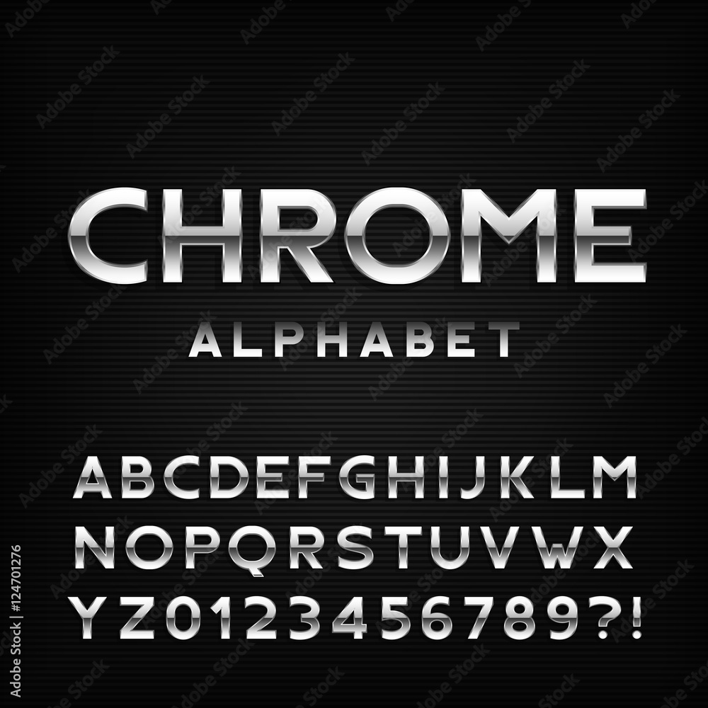 Chrome alphabet font. Metal effect italic letters and numbers. Stock vector typography for your design.