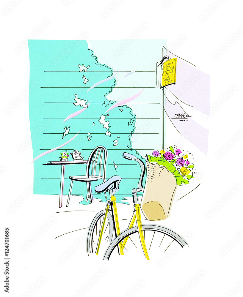 Fototapeta premium カフェと自転車 イメージイラスト