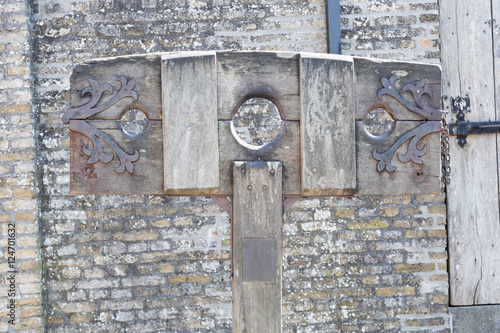 Old wooden pillory close up