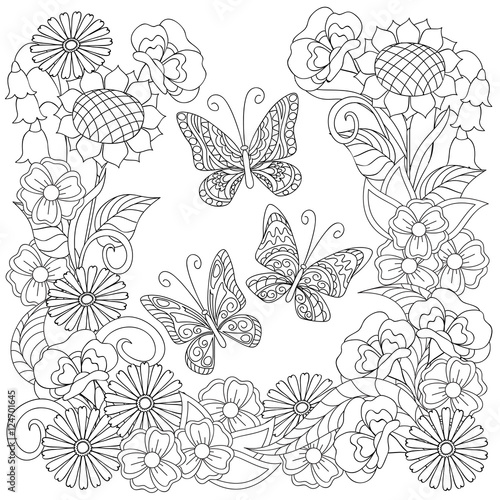Hand drawn decorated butterflies into circle in ethnic style