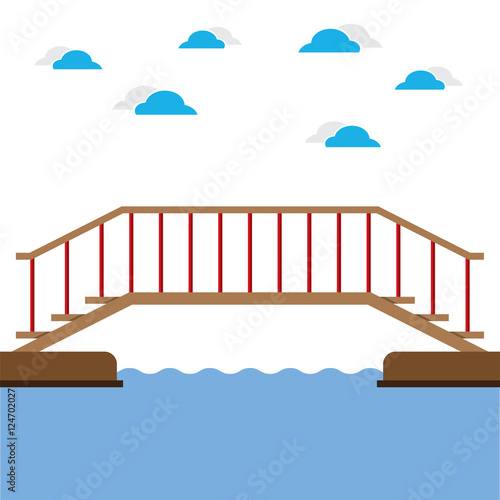 Wooden Bridge Over The River Vector Illustration