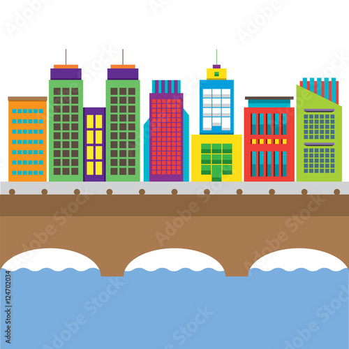 Fototapeta Naklejka Na Ścianę i Meble -  Bridge Cross River And Buildings On Land Vector Illustration
