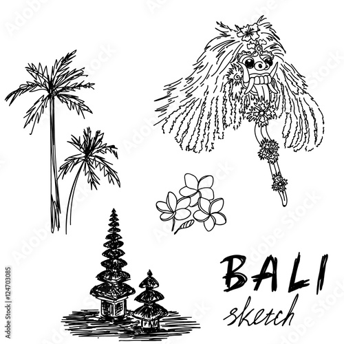 Bali sketch. Temple, Barong, palms, frangipani. Religious ceremony, traditional holiday, flora.