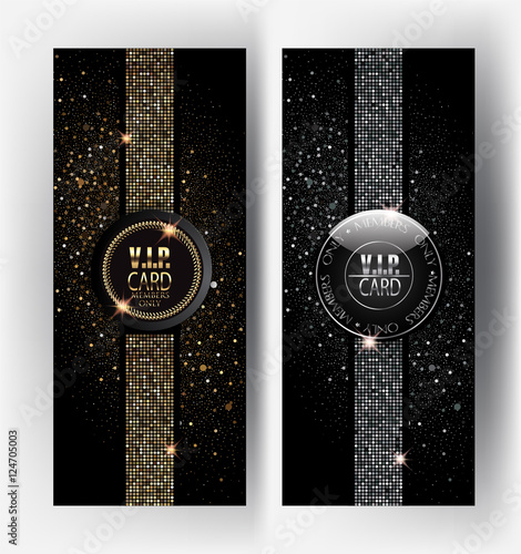 Gold and silver VIP cards with sparkling background