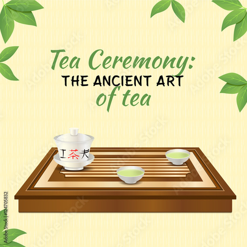 Vector green tea ceremony with tray and porceland cups
