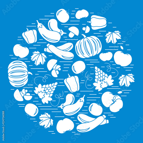 Set of autumn seasonal fruits and vegetables in circle. Tomato,