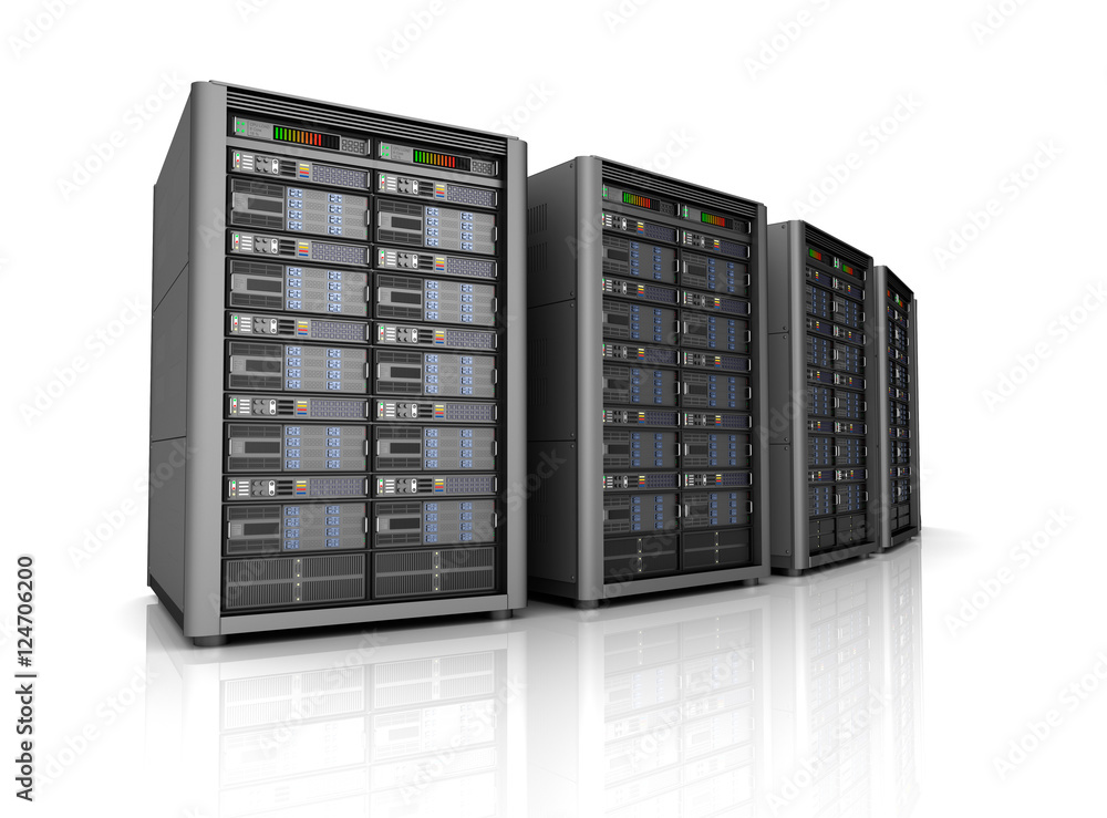 Row of network servers in data center isolated on white background . 3D illustration Row of network servers in data center isolated on white background . 3D illustration