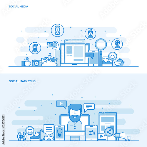 Flat line color concept- Social Media and Social Marketing