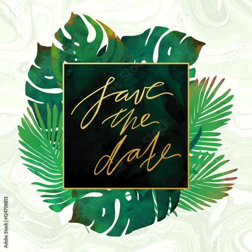Trendy tropical jungle style vector invitation template. Watercolor paint textured palm-tree leaves on marble background. Natural stone, exotic green plants and emerald velvet textures.