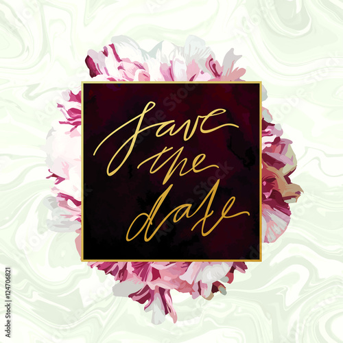 Trendy marble and peony vector invitation template. Watercolor paint textured petals background. Natural stone, fresh flower burgundy "marsala" velvet textures.