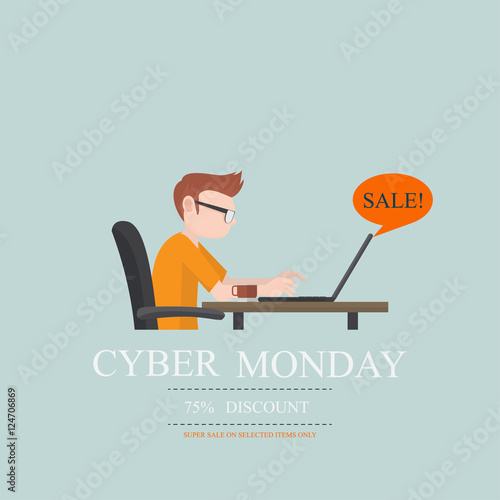 Flat style man, student sitting on the chair with laptop on the table and see sale in the cyber monday