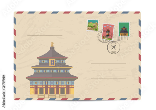 China vintage postal envelope with postage stamps and postmarks on white background, isolated vector illustration. Chinese ancient temple. Air mail stamp. Postal services. Envelope delivery.
