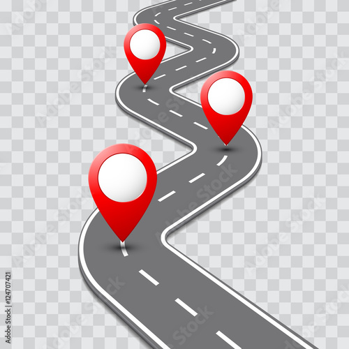 Vector pathway road map with GPS route pin icon