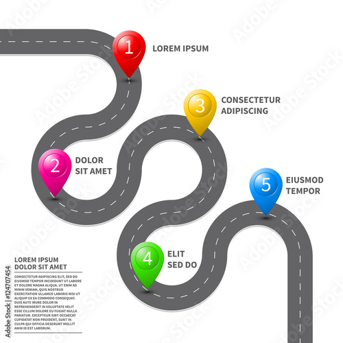 Vector pathway road map with GPS route pin icon