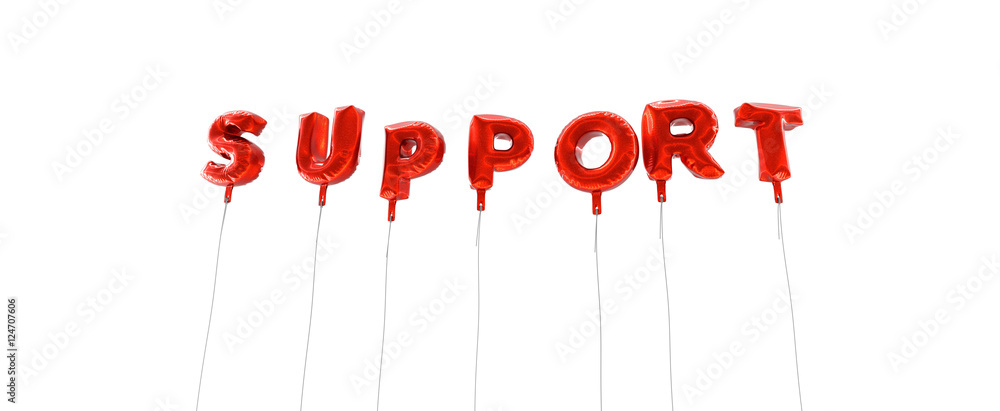 SUPPORT - word made from red foil balloons - 3D rendered. Can be used for an online banner ad or a print postcard. SUPPORT - word made from red foil balloons - 3D rendered. Can be used for an online banner ad or a print postcard.