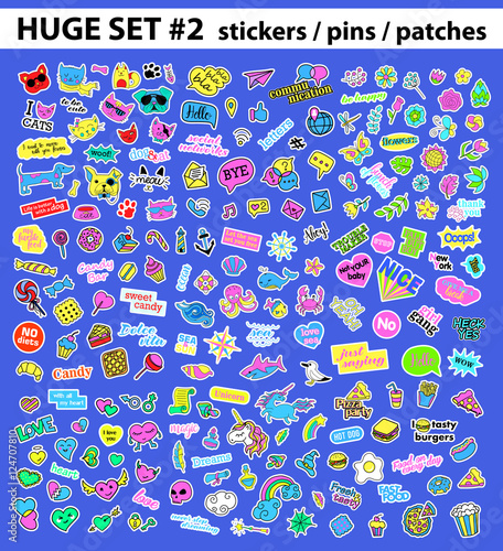 Huge pop art set with fashion patch, badges, stickers, pins, patches, quirky, handwritten notes collection. 80s-90s style. Trend. Vector illustration isolated. Vector clip art photo