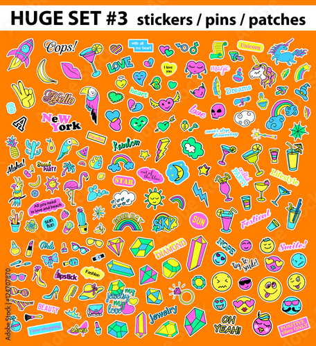 Huge pop art set with fashion patch, badges, stickers, pins, patches, quirky, handwritten notes collection. 80s-90s style. Trend. Vector illustration isolated. Vector clip art