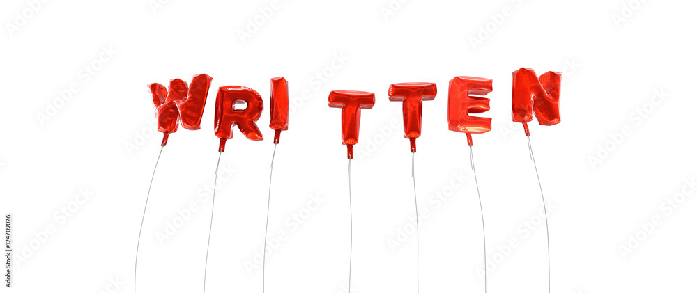 WRITTEN - word made from red foil balloons - 3D rendered. Can be used for an online banner ad or a print postcard. WRITTEN - word made from red foil balloons - 3D rendered. Can be used for an online banner ad or a print postcard.