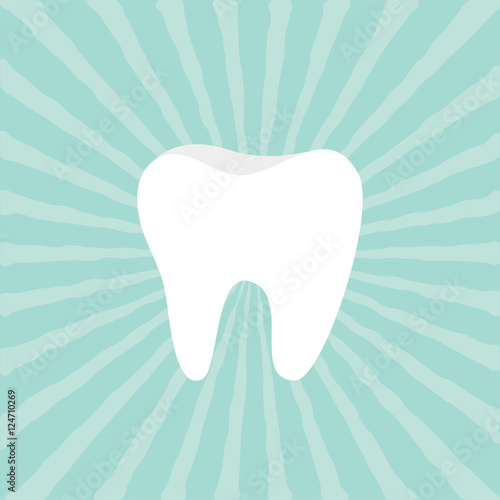 Tooth icon. Healthy tooth. Oral dental hygiene. Children teeth care. Tooth health. Blue sunburst starburst background with ray of light. Flat design.