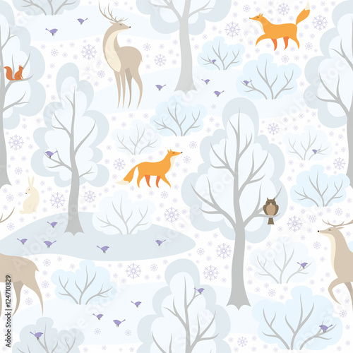Christmas seamless pattern with the image of the winter forest and wild animals