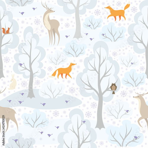 Canvas Print Christmas seamless pattern with the image of the winter forest and wild animals