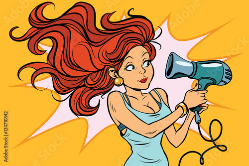 Redhead comics woman dries the hair dryer