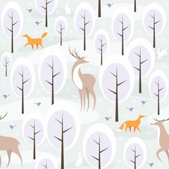 Fototapete Waldtiermuster Weihnachtswald mit Wildtieren im Schnee  © olga_a_belova