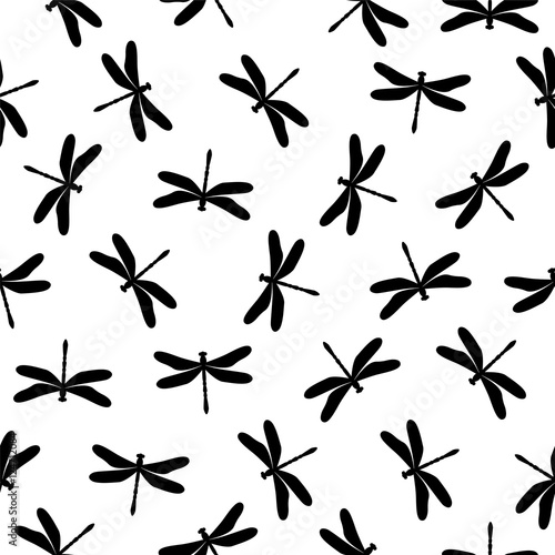 Seamless pattern - flat black on white dragonfly
