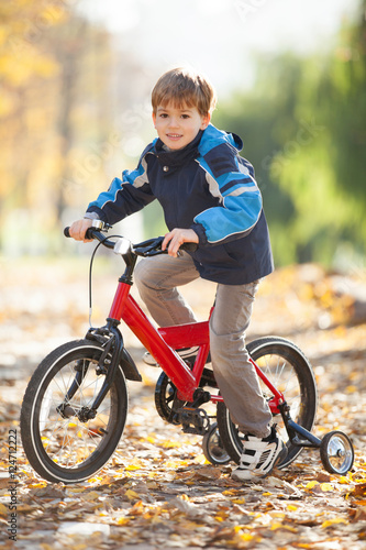 Fototapeta Naklejka Na Ścianę i Meble -  Happy boy with bicycle in the autumn park