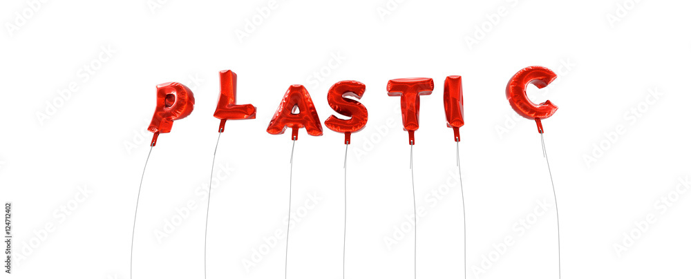 PLASTIC - word made from red foil balloons - 3D rendered. Can be used for an online banner ad or a print postcard. PLASTIC - word made from red foil balloons - 3D rendered. Can be used for an online banner ad or a print postcard.