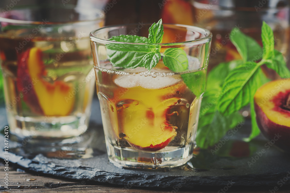 Cold healthy tea with peaches and mint Cold healthy tea with peaches and mint