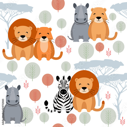 Cute vector animal seamless pattern with lion, rhino, zebra on white background
