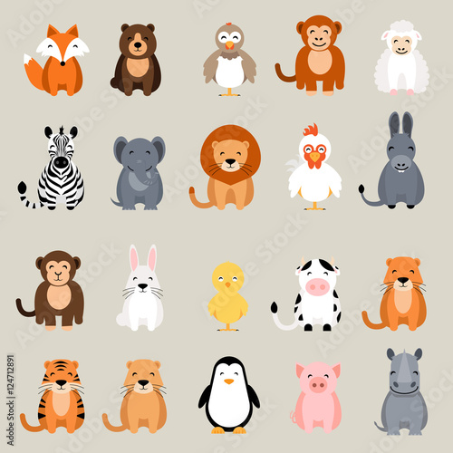 Fototapeta Naklejka Na Ścianę i Meble -  Cute vector animal set. Fox, bear, elephant, bear, hen, chicken, chick, rooster, lion, monkey, tiger, pig, donkey, rabbit, rhino, cow, zebra, sheep, penguin