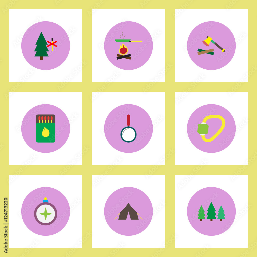 Collection of stylish vector icons in colorful circles Camping equipment