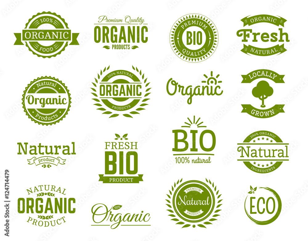 Retro style set of 100% bio, natural, organic, eco, healthy, premium quality food labels. Logo templates with vintage elements in green color for identity, packaging. Set of vector badges.
 - obrazy, fototapety, plakaty 