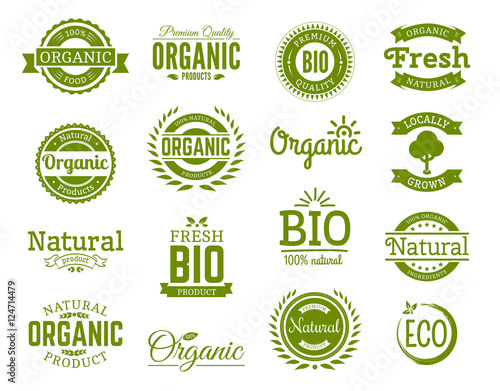 Retro style set of 100% bio, natural, organic, eco, healthy, premium quality food labels. Logo templates with vintage elements in green color for identity, packaging. Set of vector badges.
