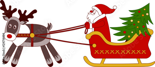 Santa rides in a sleigh pulled by reindeer 