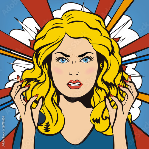 Angry Woman. Young furious Girl. Negative Emotions. Bad Days. Bad Mood. Stressful Woman. Comic Background. Pop Art Banner. Vector cartoon illustration.