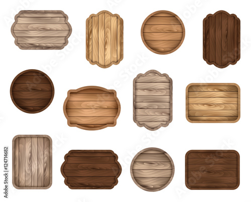 Wooden stickers, label collection. Set of various shapes wooden sign boards for sale, price and discount banners, badges isolated on white background. Vector illustration. 