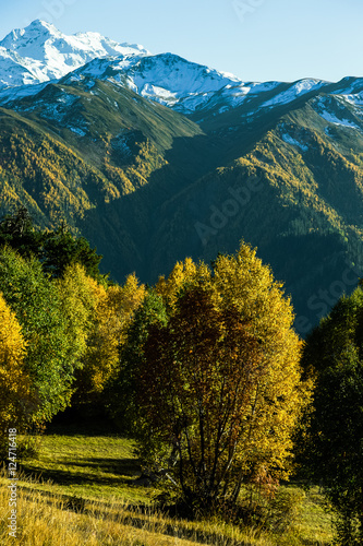 Beautiful autumn mountain landscape in Svaneti. Georgia. Toned