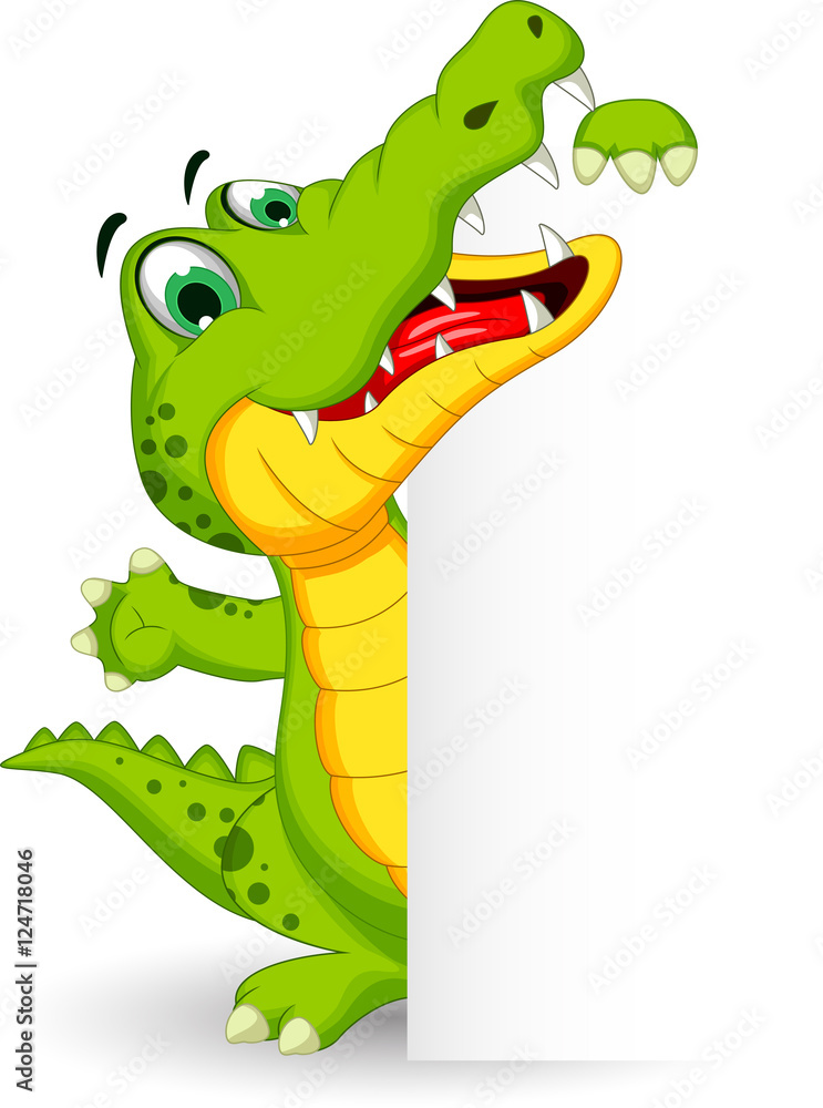 Naklejka premium funny crocodile cartoon posing with blank sign