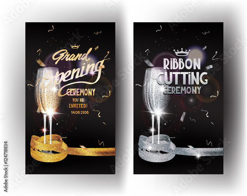 Grand opening gold and silver vertical banners with confetti, glasses of champagne and sparkling ribbons